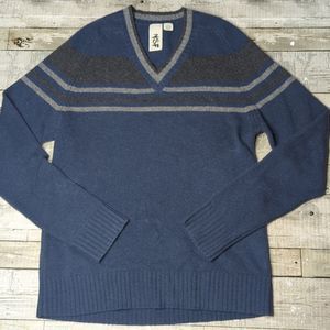NSF cashmere wool mens v neck navy & grey stripe sweater